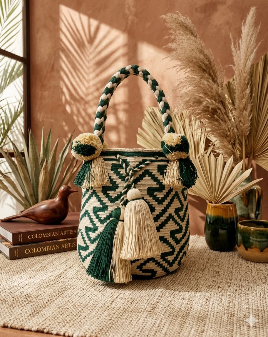 Palma" Handwoven Wayuu Top-Handle Bag - Emerald & Cream Edition