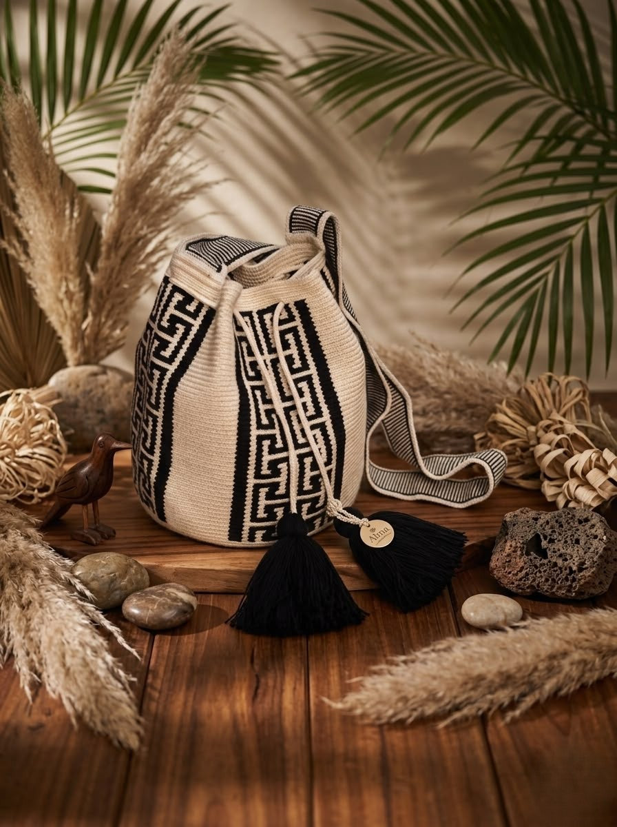 "Greca" Handwoven Wayuu Bucket Bag - Monochrome Black & Cream Edition