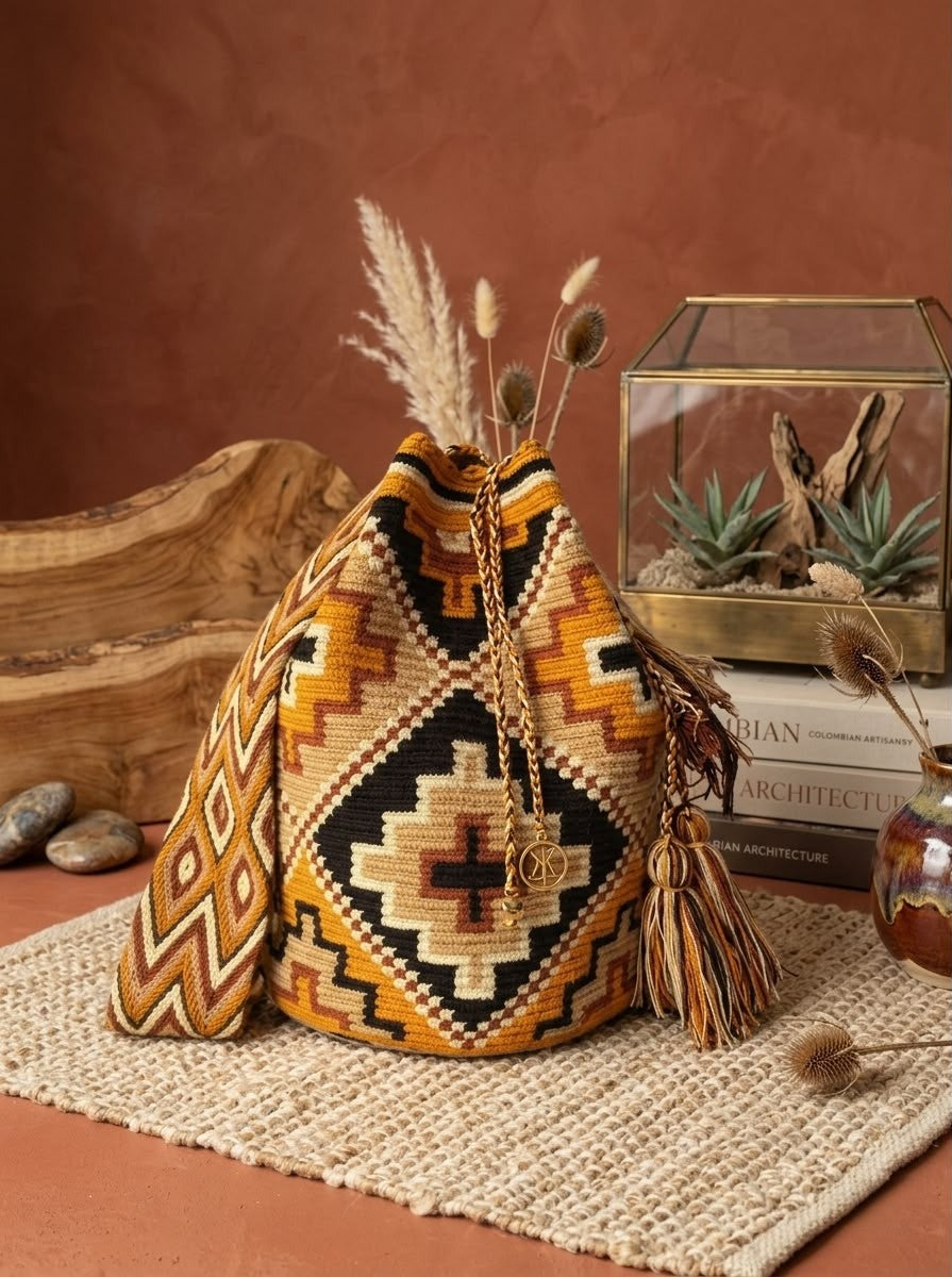 "Cruces Heritage" Handwoven Wayuu Bucket Bag - Traditional Terracotta & Ochre Edition