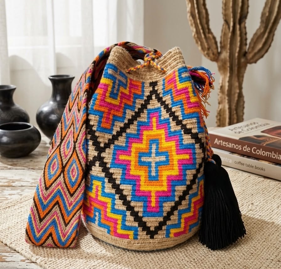 Cruces" Handwoven Wayuu Bucket Bag - Vibrant Traditional Diamond Edition