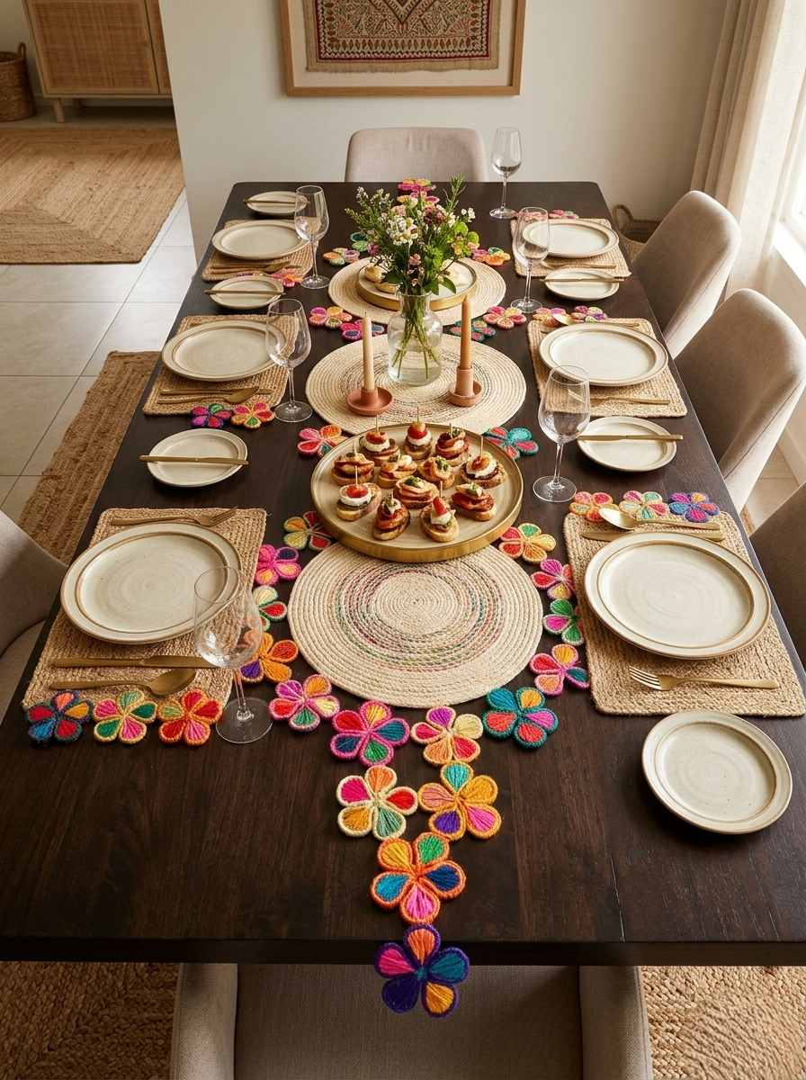 "Mantra Floral Multicolor" Table Runner in Iraca Palm
