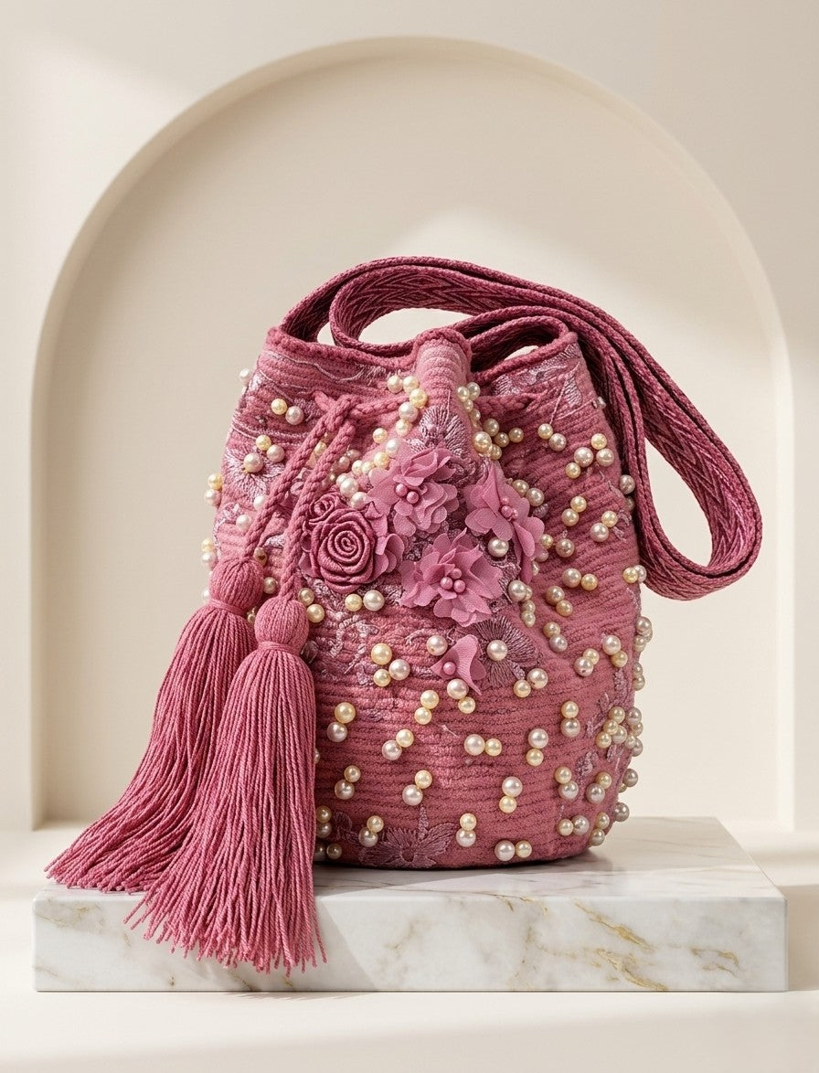 "Riohacha" Handwoven Wayuu Bucket Bag - Fuchsia & Pearl Edition