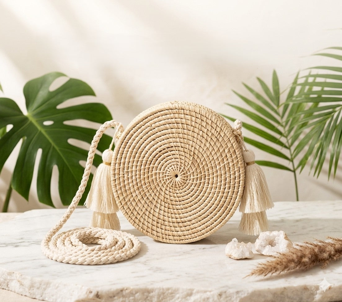 "Palma" Handwoven Iraca Palm Bag with Tassel Accents