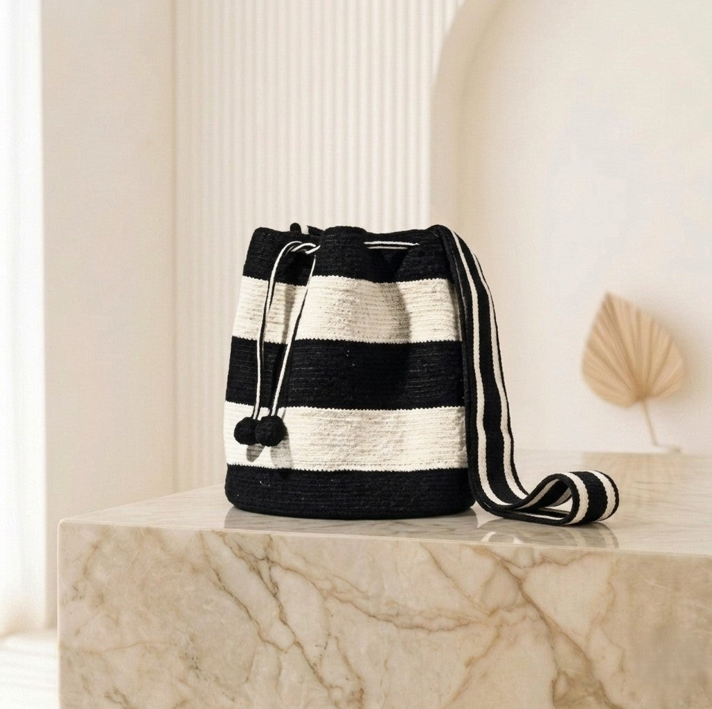 "Nautical Stripe" Handwoven Wayuu Bucket Bag - Monochrome Black & Cream Edition