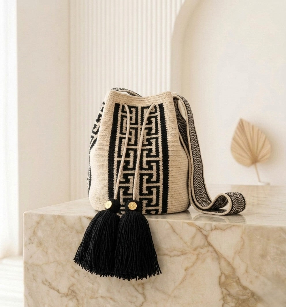 "Zenu Labyrinth" Handwoven Wayuu Bucket Bag - Black, Cream & Gold Accent Edition