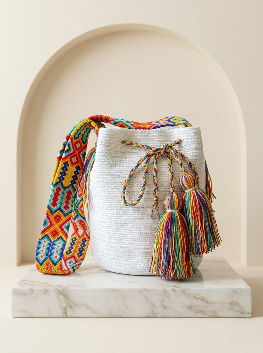 "Uribia" Handwoven Wayuu Bucket Bag - Radiant White & Multicolor Edition