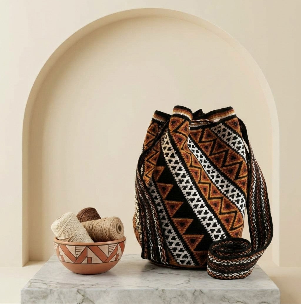 "Tayrona" Handwoven Wayuu Bucket Bag - Terracotta & Earth Tones