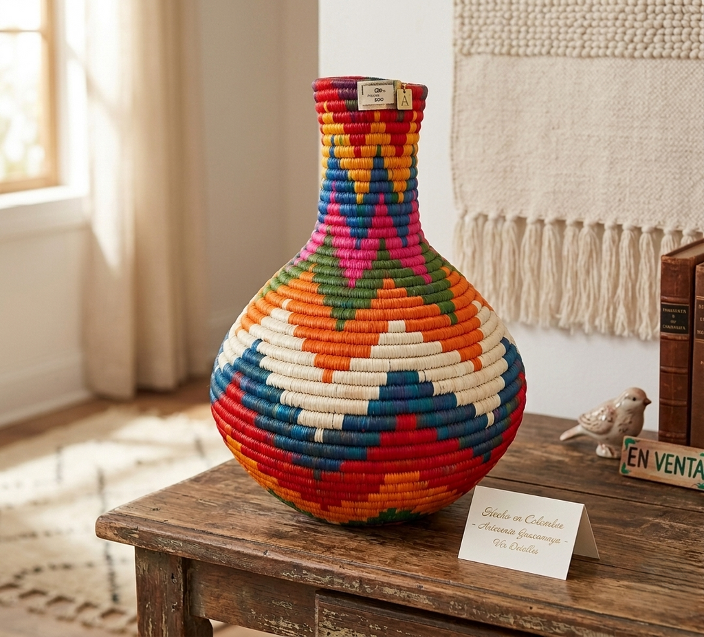 Guacamayas Handcrafted Multicolor Coiled Fique Vase - Lache Pre-Columbian Tradition