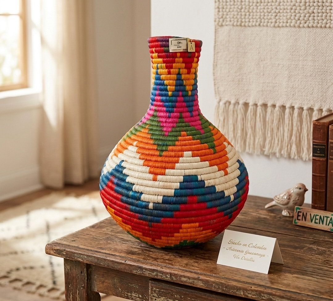 Guacamayas Handcrafted Multicolor Coiled Fique Vase - Lache Pre-Columbian Tradition